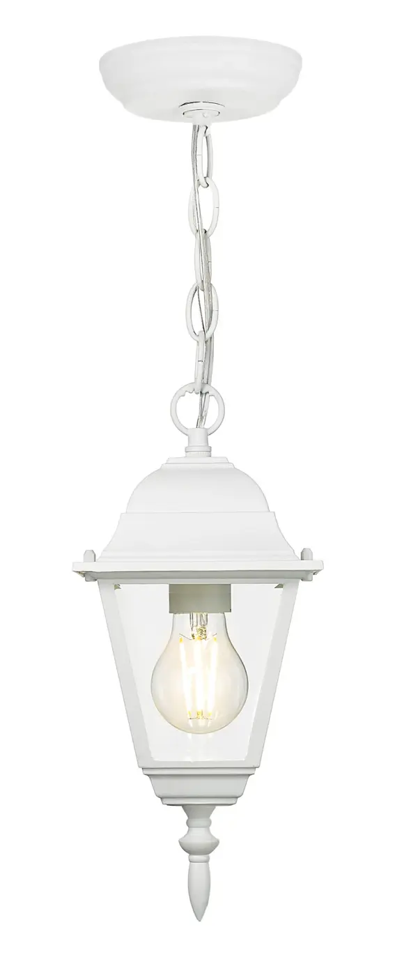 The Builder's Choice hanging lantern combines traditional design with durable cast aluminum construction. Its textured white finish and clear beveled glass create a clean, versatile look perfect for various outdoor settings. - alternate view
