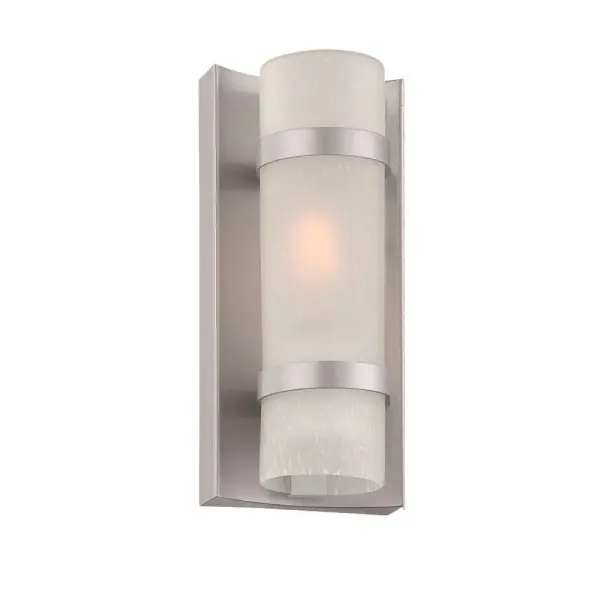The Apollo wall sconce combines powder-coated steel durability with frosted seeded glass for a modern outdoor lighting solution. Its compact 9.75" height and 4" extension make it ideal for smaller exterior spaces.