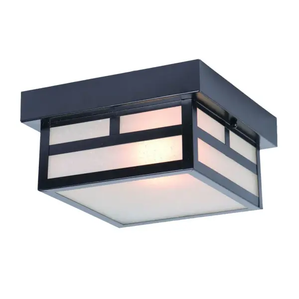 The Artisan ceiling mount combines powder-coated steel durability with frosted linen glass for a modern industrial aesthetic. Its compact 8.25" profile makes it ideal for covered outdoor spaces with lower ceilings.
