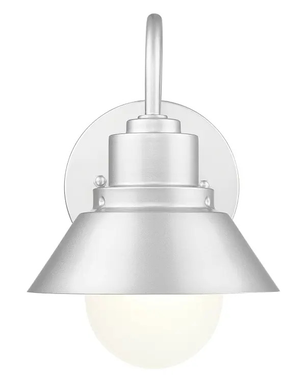 The Astro wall sconce combines modern styling with practical outdoor lighting. Its brushed steel finish and frosted seeded glass create ambient illumination perfect for entryways and patios. - alternate view