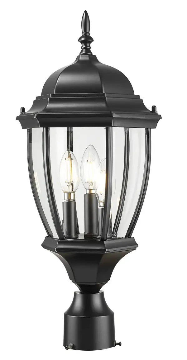 The Wexford 3-Light Post Mount combines traditional styling with durable cast aluminum construction. Clear beveled glass panes create beautiful light diffusion while the matte black finish adds contemporary appeal to classic design.