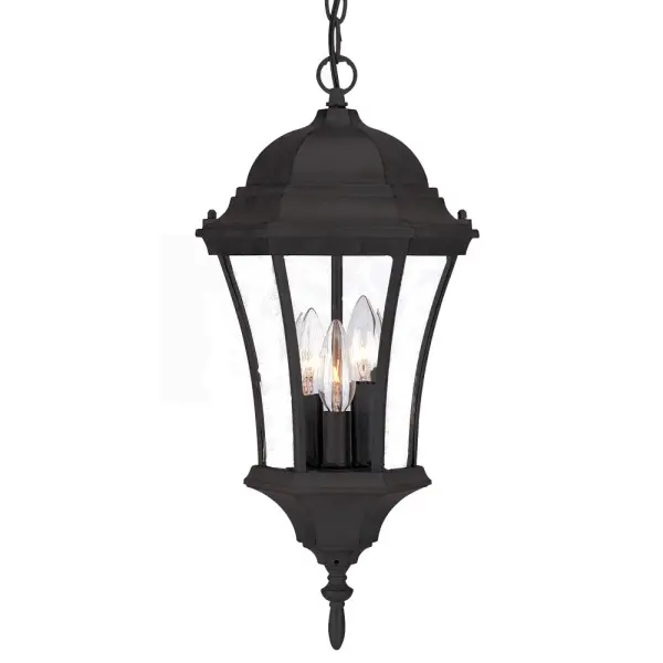 The Bryn Mawr hanging lantern combines traditional design with modern durability. Cast aluminum construction ensures weather resistance, while clear beveled glass panes provide elegant light diffusion for outdoor spaces.