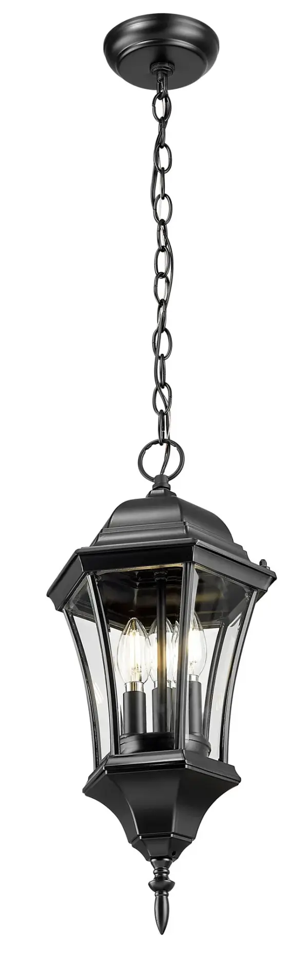 The Bryn Mawr hanging lantern combines traditional design with modern durability. Cast aluminum construction ensures weather resistance, while clear beveled glass panes provide elegant light diffusion for outdoor spaces. - alternate view