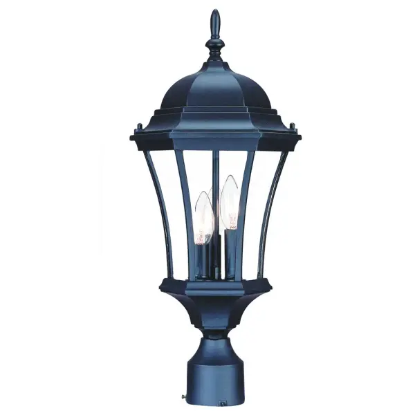 The Bryn Mawr 3-Light Post Mount combines traditional design with durable cast aluminum construction. Its matte black finish and clear beveled glass panes create elegant outdoor illumination for entryways and pathways.