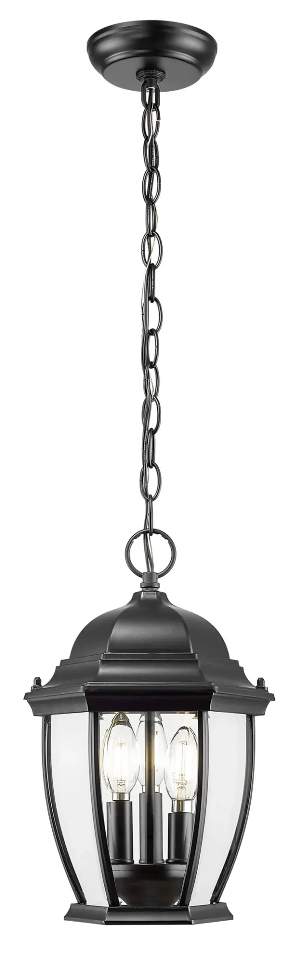 The Wexford 3-Light Hanging Lantern combines traditional design with modern durability. Cast aluminum construction ensures weather resistance, while clear beveled glass panes provide elegant light diffusion for outdoor spaces. - alternate view