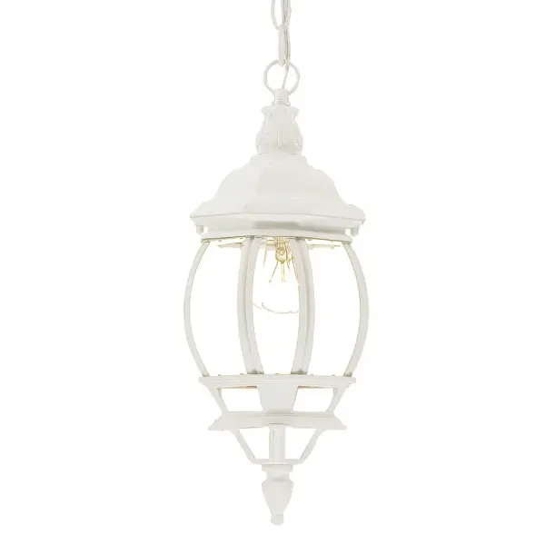 The Chateau hanging lantern combines traditional design with weather-resistant cast aluminum construction. Its textured white finish and clear beveled glass create elegant outdoor illumination for entryways and covered porches.