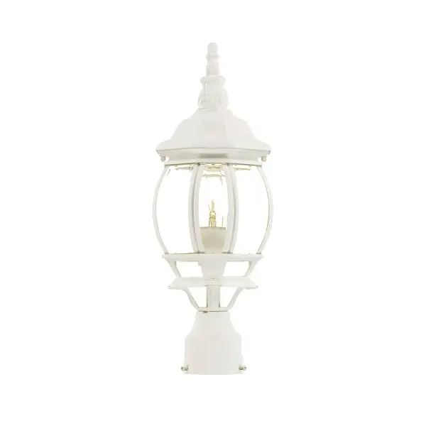 The Chateau post mount combines traditional styling with durable cast aluminum construction and clear beveled glass. Its compact 18-inch height and textured white finish make it versatile for various outdoor settings.