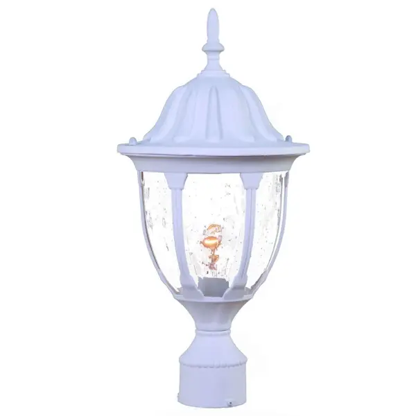 The Suffolk post mount combines traditional styling with durable cast aluminum construction and textured white finish. Clear seeded glass creates warm ambient lighting perfect for pathways, driveways, and outdoor living spaces.
