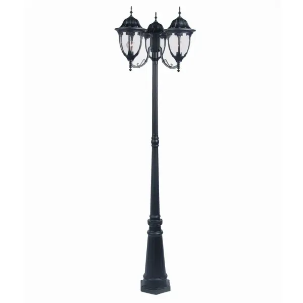 The Suffolk 3-Light Post Mount combines traditional styling with durable cast aluminum construction. Its matte black finish and clear seeded glass create a timeless look perfect for illuminating outdoor spaces with classic elegance.