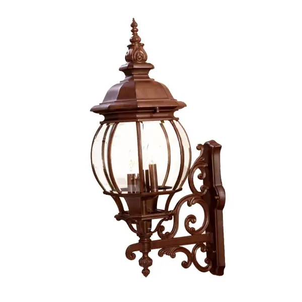 The Chateau 4-Light Wall Lantern brings old-world elegance to outdoor spaces with its substantial 30.5-inch height and cast aluminum construction. Clear beveled glass panels and Burled Walnut finish create a sophisticated statement piece.
