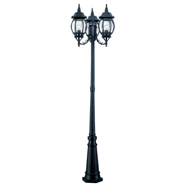 The Chateau 3-Head Post Light combines traditional elegance with durable cast aluminum construction. Standing 85 inches tall with clear beveled glass shades, it provides substantial illumination for outdoor spaces.