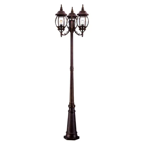 The Chateau 3-Head Post Light delivers impressive outdoor illumination with its 85-inch height and three-light configuration. Cast aluminum construction with burled walnut finish and clear beveled glass creates elegant curb appeal.