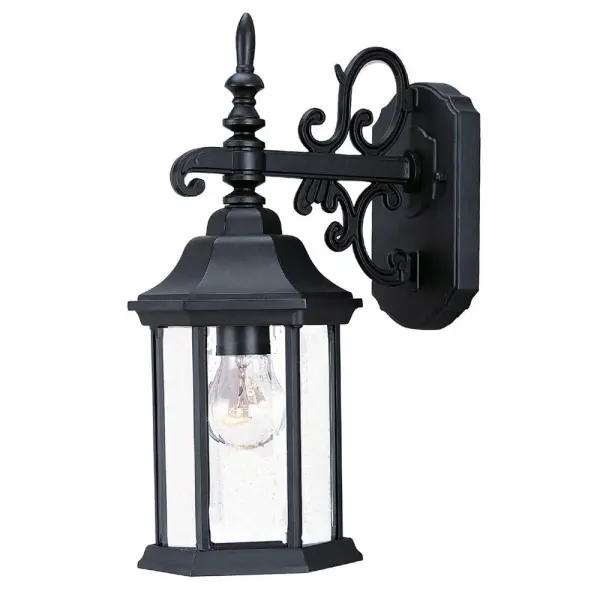 The Madison wall sconce combines traditional styling with durable cast aluminum construction. Its clear beveled glass panes and matte black finish create elegant outdoor illumination for entryways and patios.