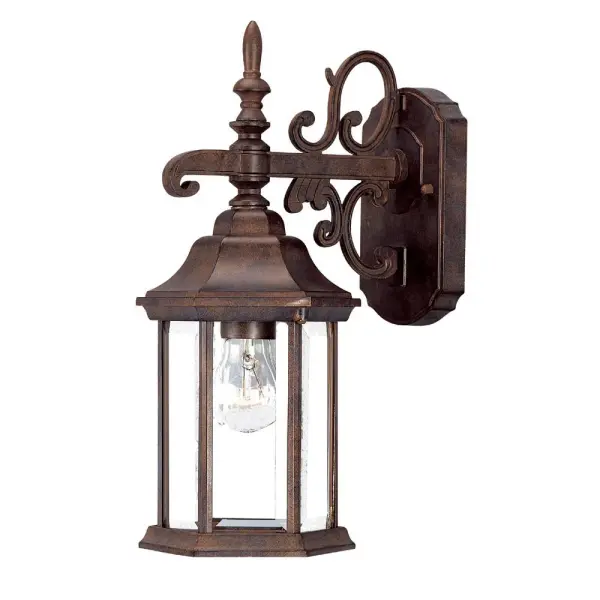 The Madison wall sconce combines traditional styling with durable cast aluminum construction. Its clear beveled glass panes and burled walnut finish create an elegant outdoor lighting solution for entryways and patios.