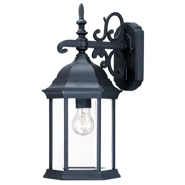 The Madison wall sconce combines durable cast aluminum construction with elegant clear beveled glass panes. Its traditional lantern styling and matte black finish make it versatile for various outdoor settings.