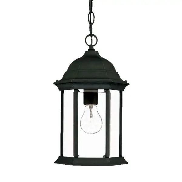 The Madison hanging lantern combines traditional design with modern durability. Cast aluminum construction with matte black finish resists weather while clear beveled glass creates elegant light diffusion for entryways and porches.