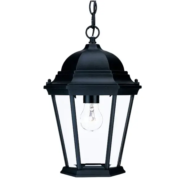 The Richmond hanging lantern combines traditional design with modern durability. Cast aluminum construction with matte black finish resists weather while clear beveled glass panels add elegant light diffusion for entryways and porches.
