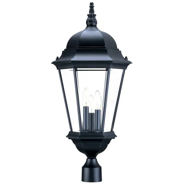 The Richmond 3-Light Post Mount combines traditional design with durable cast aluminum construction. Its matte black finish and clear beveled glass panels create elegant illumination for outdoor spaces.