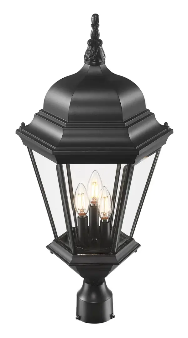 The Richmond 3-Light Post Mount combines traditional design with durable cast aluminum construction. Its matte black finish and clear beveled glass panels create elegant illumination for outdoor spaces. - alternate view