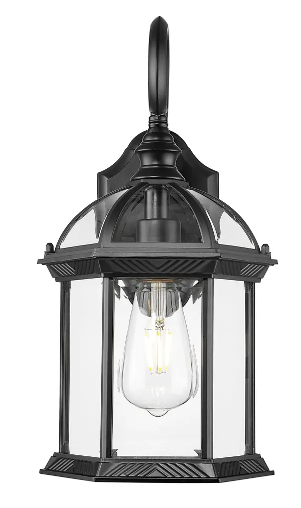 The Dover wall sconce combines traditional lantern styling with modern durability. Featuring clear beveled glass panes and weather-resistant cast aluminum in matte black, it delivers reliable outdoor illumination with timeless appeal. - alternate view