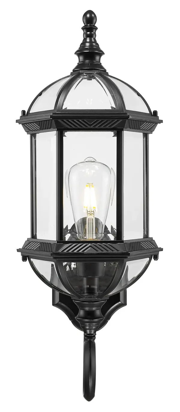 The Dover wall sconce combines traditional lantern styling with modern durability. Its cast aluminum construction and clear beveled glass create an elegant outdoor lighting solution that withstands the elements. - alternate view