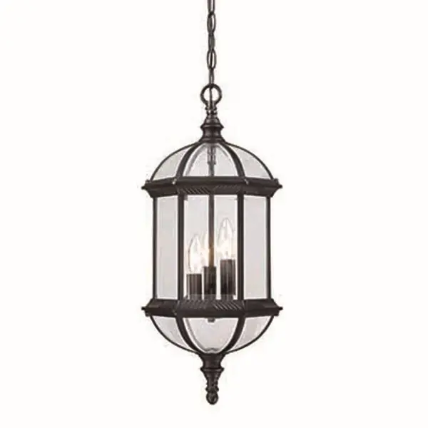 The Dover 3-Light Hanging Lantern combines traditional design with modern durability. Cast aluminum construction with matte black finish resists weather while clear beveled glass panes create elegant light diffusion for outdoor spaces.