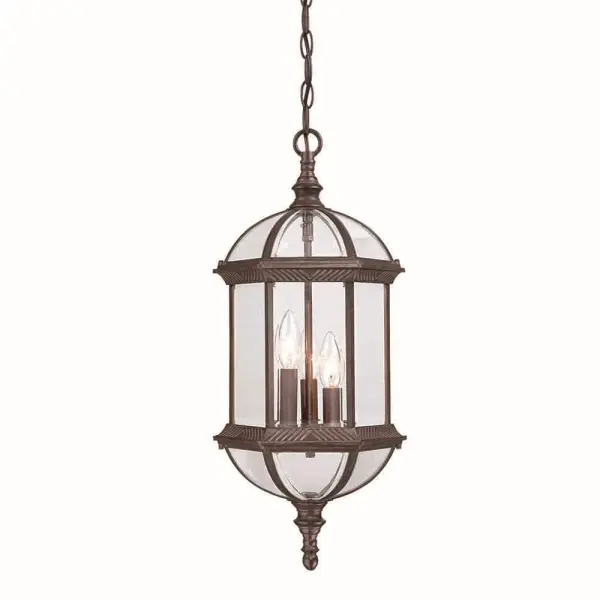 The Dover 3-Light Hanging Lantern combines traditional styling with durable cast aluminum construction. Its burled walnut finish and clear beveled glass panes create an elegant outdoor lighting solution.