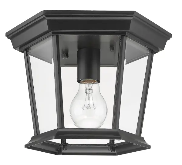 The Dover ceiling mount combines traditional styling with weather-resistant cast aluminum construction. Its compact 11-inch width and clear beveled glass make it ideal for covered outdoor spaces requiring classic charm.