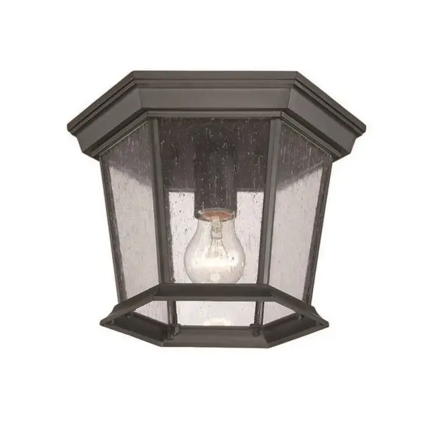 The Dover ceiling mount combines durable cast aluminum construction with clear seeded glass for a traditional outdoor lighting solution. Its compact 11-inch width and matte black finish make it versatile for various exterior applications.