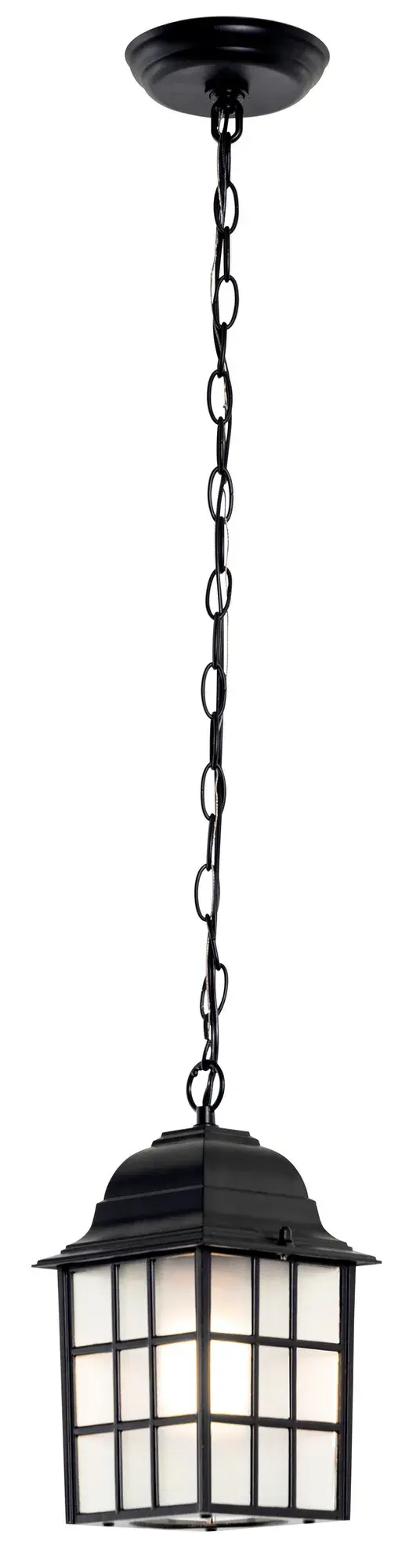 The Nautica hanging lantern brings timeless nautical charm to outdoor spaces with its cast aluminum frame and acid-etched glass. Compact 11-inch design suits entryways and porches perfectly.