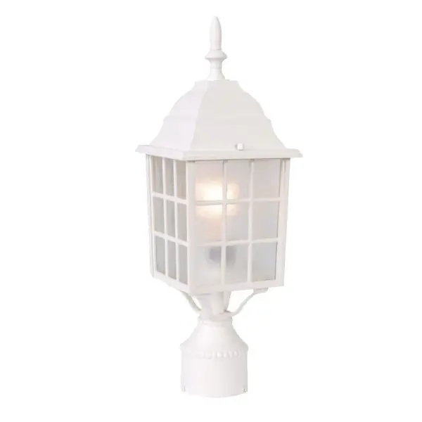 The Nautica Post Mount brings timeless nautical charm to outdoor spaces with its textured white finish and acid-etched glass. Built from cast aluminum for weather resistance, this 18-inch fixture provides reliable illumination.