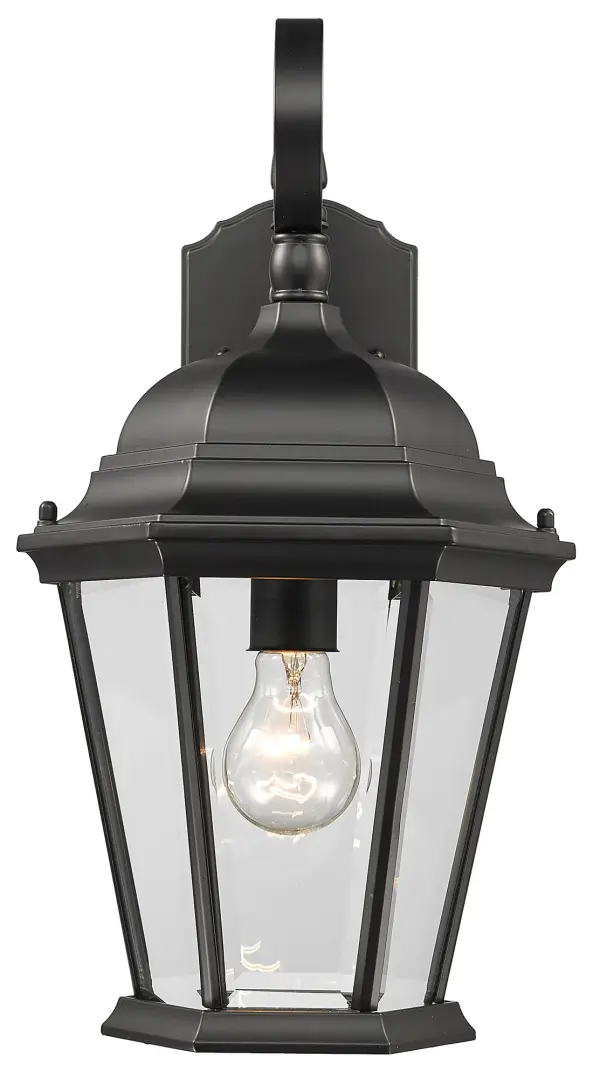 The New Orleans wall lantern brings timeless traditional styling to outdoor spaces with its cast aluminum frame and clear beveled glass. At 17.75" tall, it provides substantial presence while the matte black finish offers modern versatility. - alternate view