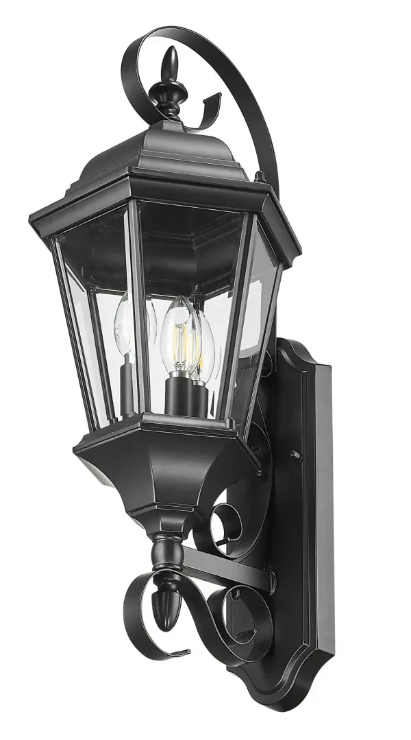 The New Orleans 3-Light Wall Lantern combines traditional design with modern durability. Cast aluminum construction ensures weather resistance, while clear beveled glass panes provide elegant illumination for entryways and outdoor spaces. - alternate view