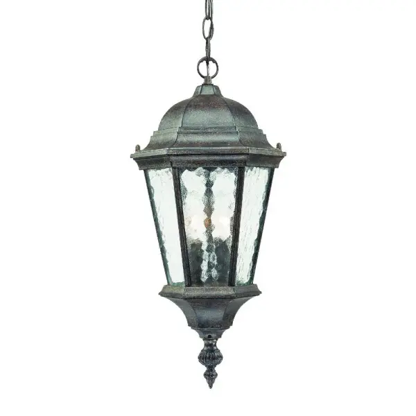 The Telfair 2-Light Hanging Lantern combines traditional lantern styling with weather-resistant cast aluminum and distinctive hammered water glass. Perfect for covered outdoor spaces seeking timeless elegance.