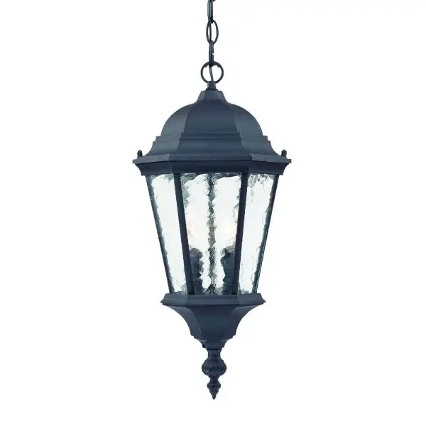 The Telfair 2-Light Hanging Lantern combines traditional design with modern durability. Featuring cast aluminum construction and distinctive hammered water glass, this fixture delivers both style and weather resistance for outdoor spaces.