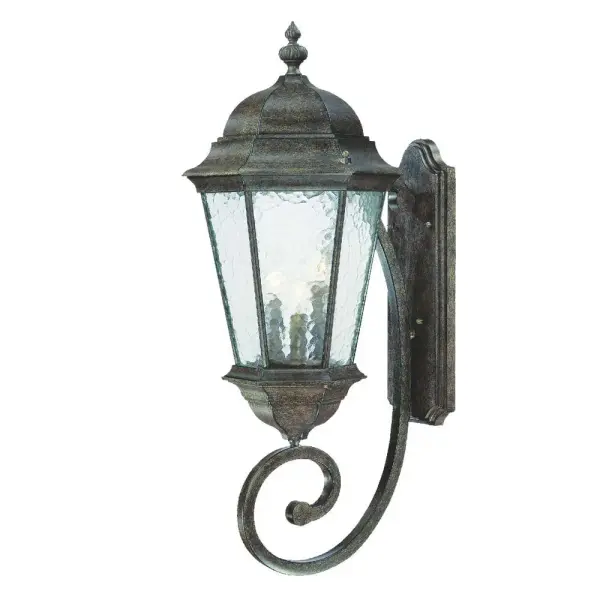 The Telfair 3-Light Wall Sconce combines traditional design with coastal charm. Cast aluminum construction ensures durability, while clear hammered water glass creates beautiful light diffusion for outdoor spaces.