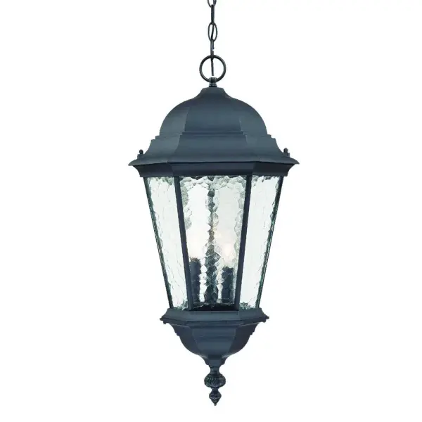 The Telfair 3-Light Hanging Lantern combines traditional design with weather-resistant cast aluminum construction. Its hammered water glass creates beautiful light diffusion while the matte black finish adds timeless elegance to outdoor spaces.