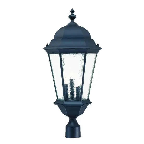 The Telfair 3-Light Post Mount combines traditional lantern styling with weather-resistant cast aluminum construction. Its hammered water glass creates beautiful light diffusion while the matte black finish adds timeless elegance to outdoor spaces.