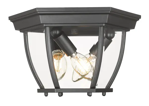 This 3-light outdoor flush mount combines durable cast aluminum construction with elegant beveled glass panes. At 10.75" wide and 6.5" high, it's ideal for covered outdoor spaces and low-ceiling areas requiring weather-resistant lighting. - alternate view