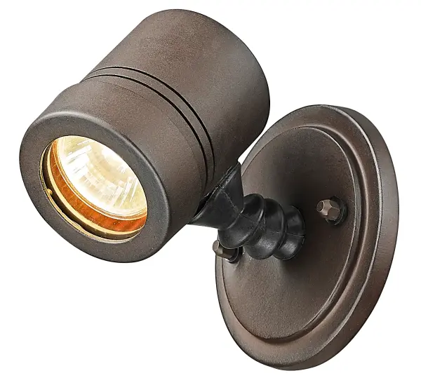 This sleek cast aluminum wall sconce delivers focused MR16 lighting in a compact 5-inch profile. The architectural bronze finish and cylindrical design complement contemporary exteriors while providing durable outdoor performance. - alternate view