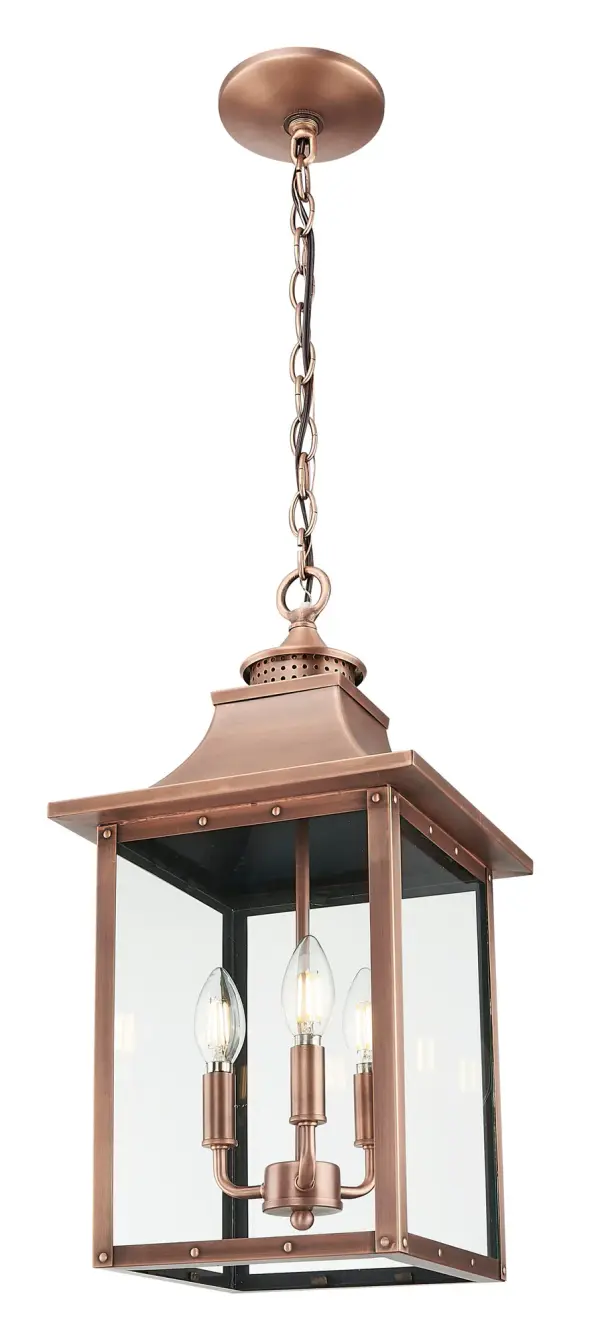 The St. Charles 3-Light Hanging Lantern combines solid copper construction with flat glass panels for a traditional outdoor lighting solution. Its copper patina finish develops character over time while providing durable weather resistance. - alternate view
