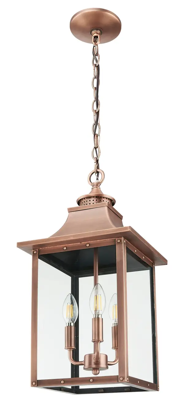 The St. Charles 3-Light Hanging Lantern combines solid copper construction with flat glass panels for a traditional outdoor lighting solution. Its copper patina finish develops character over time while providing durable weather resistance.