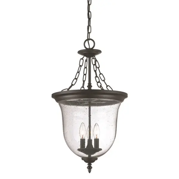 The Belle 3-Light Hanging Lantern combines traditional lantern styling with durable powder-coated steel construction. Clear seeded glass panels create charming light diffusion while the matte black finish adds modern versatility to classic design.