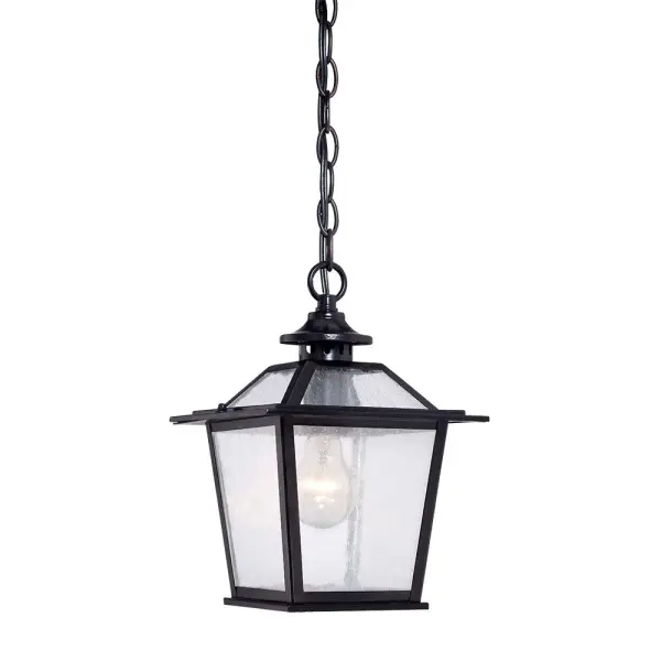 The Salem hanging lantern brings traditional elegance to outdoor spaces with its matte black finish and clear seeded glass. Compact at 11.75" tall, it's perfect for porches, patios, and entryways needing classic illumination.