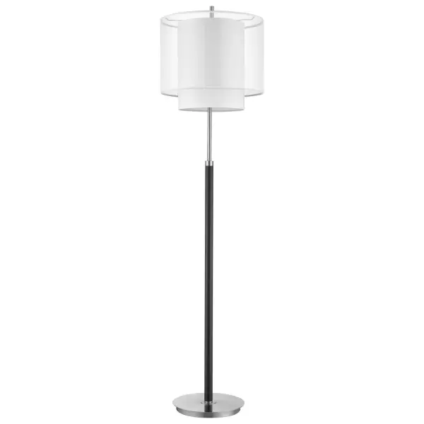 The Roosevelt floor lamp combines brushed nickel hardware with an espresso finish base and a sophisticated two-tier sheer snow shantung shade. At 62 inches tall, it provides ambient lighting with 3-way dimming control.