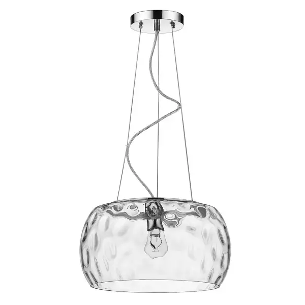 The Mystere pendant combines polished chrome hardware with a distinctive dimpled glass shade, creating visual interest through light refraction. At 16 inches wide, it's perfectly sized for intimate dining spaces or kitchen islands.