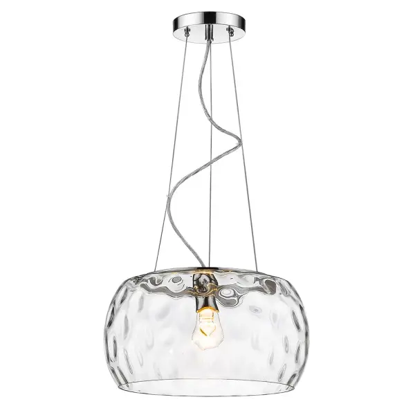 The Mystere pendant combines polished chrome hardware with a distinctive dimpled glass shade, creating visual interest through light refraction. At 16 inches wide, it's perfectly sized for intimate dining spaces or kitchen islands. - alternate view