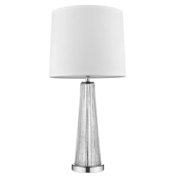 The Chiara table lamp combines polished chrome with steel and glass construction, topped with an off-white shantung shade. At 29 inches tall, it provides substantial presence with a 3-way rotary switch for adjustable lighting.