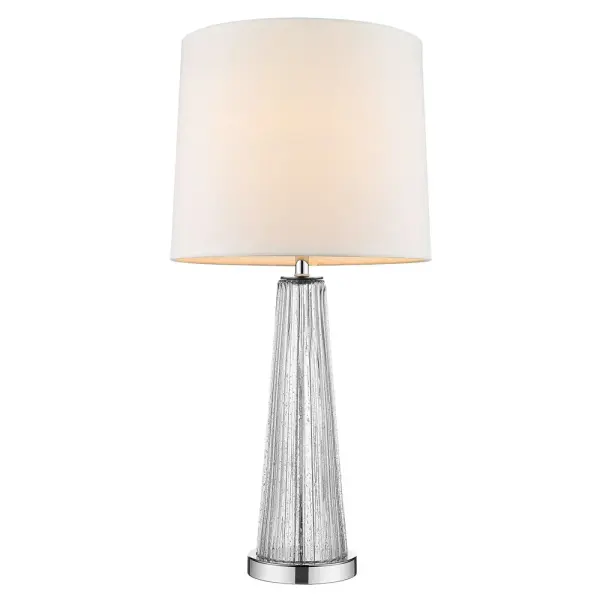 The Chiara table lamp combines polished chrome with steel and glass construction, topped with an off-white shantung shade. At 29 inches tall, it provides substantial presence with a 3-way rotary switch for adjustable lighting. - alternate view