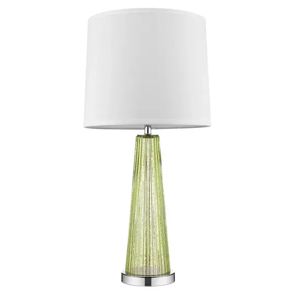 The Chiara table lamp combines polished chrome with steel and glass construction, topped with an off-white shantung shade. At 29 inches tall, it provides substantial presence with a 3-way rotary switch for adjustable lighting.